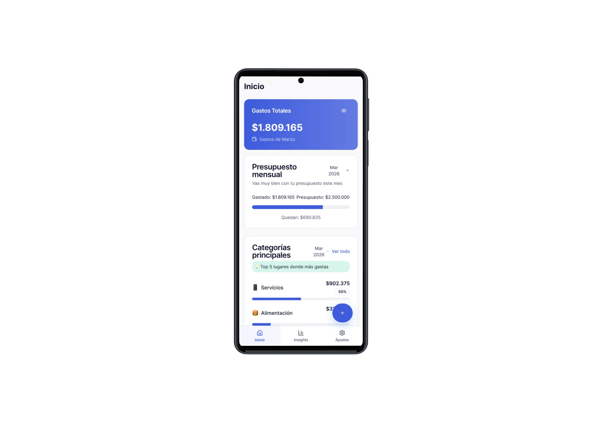 Zumb app mostrando resumen de gastos en pesos colombianos
